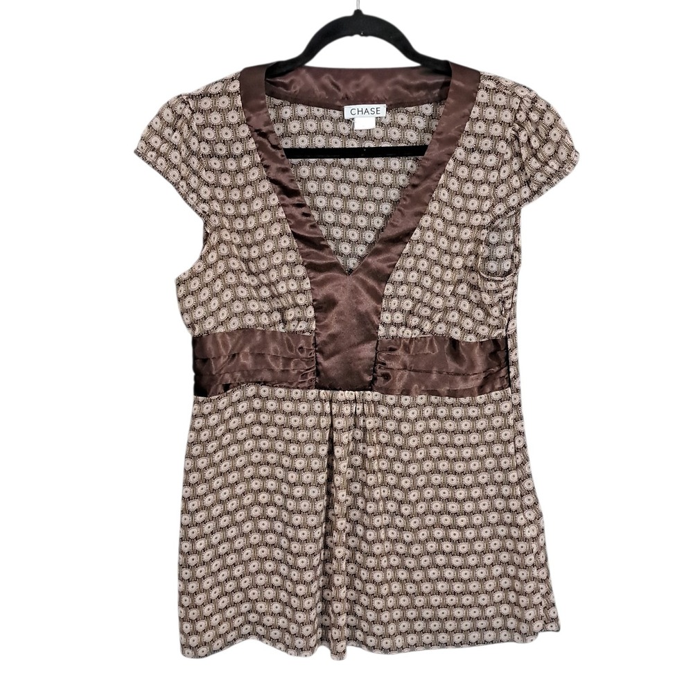 Y2K Babydoll V‎ Neck Top Satin Trim Top Women's Large Sheer Geometric Brown